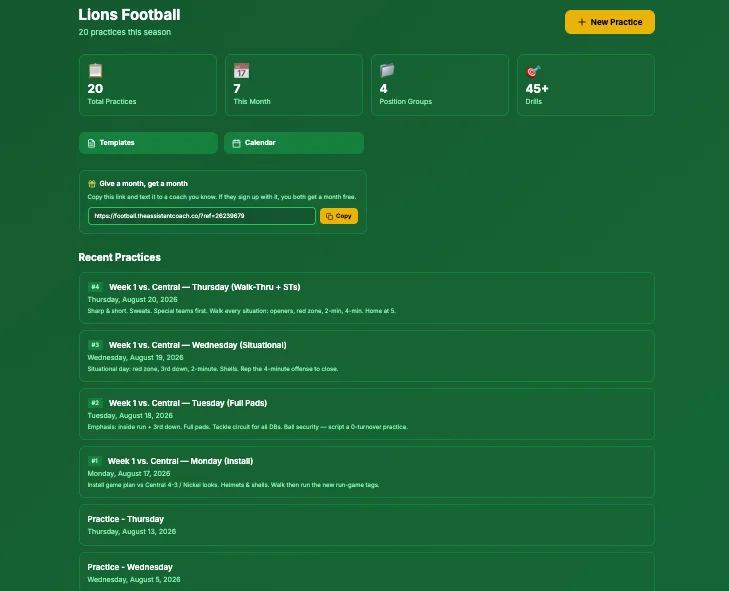 Season dashboard listing recent practices